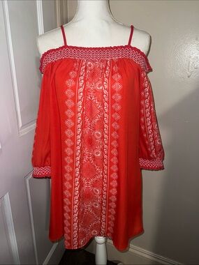 Coral Off-Shoulder Embroidered Mini Dress